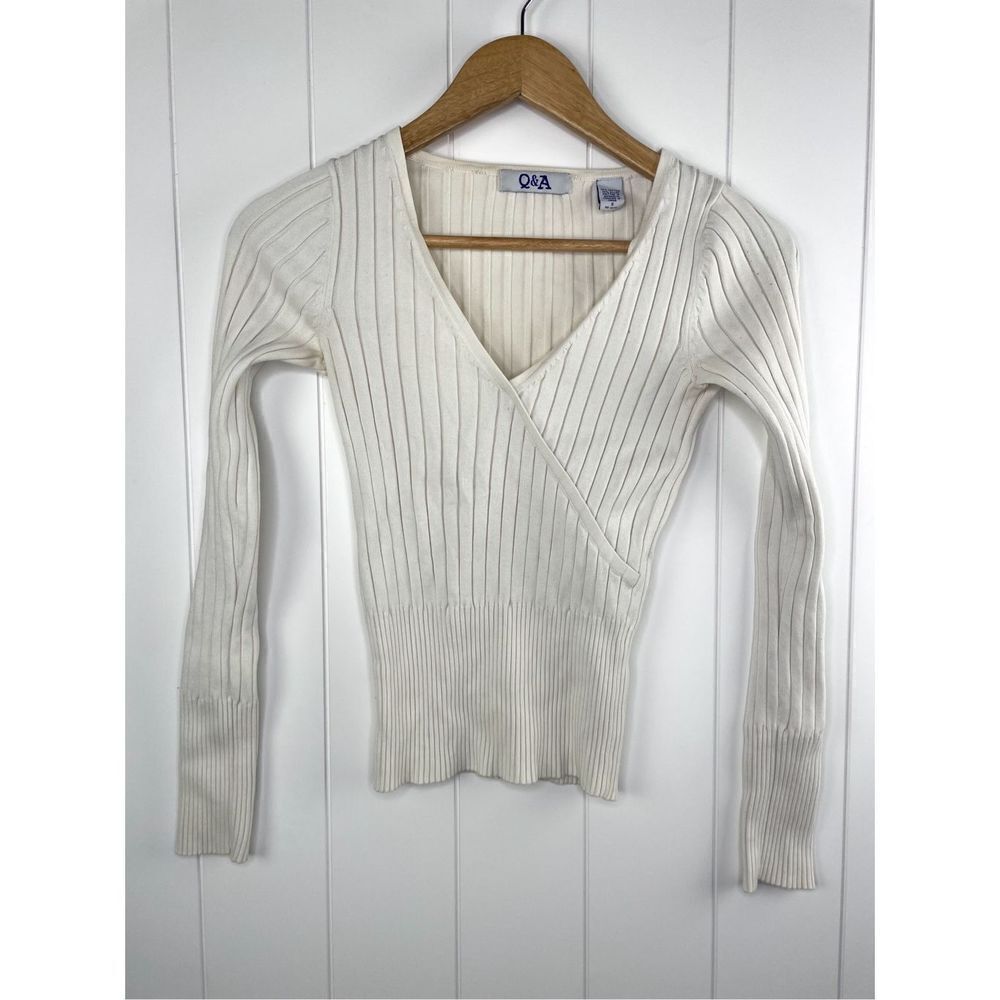 Vintage Q&A Deep V Ribbed Long Sleeve White Top Size S